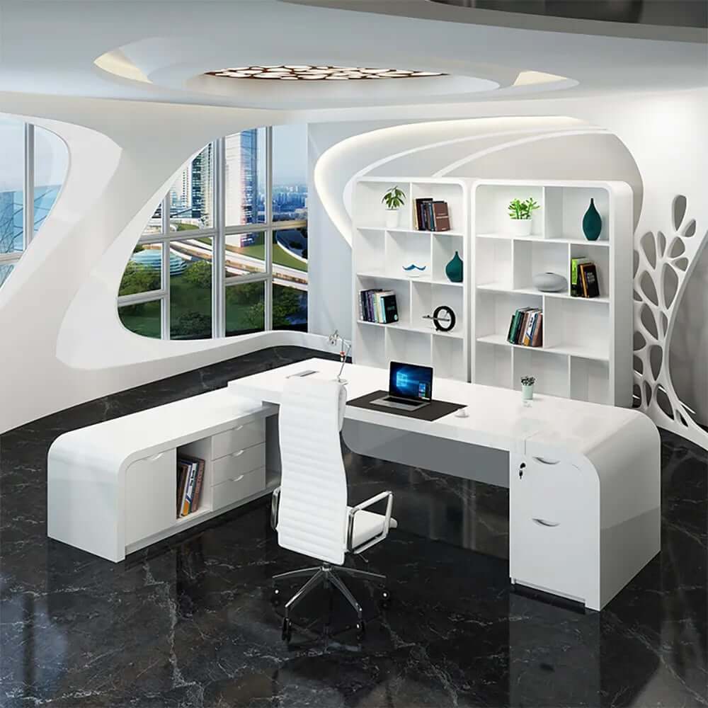 Modern L-Shaped Computer Desk with 5-Drawer Storage Cabinet
