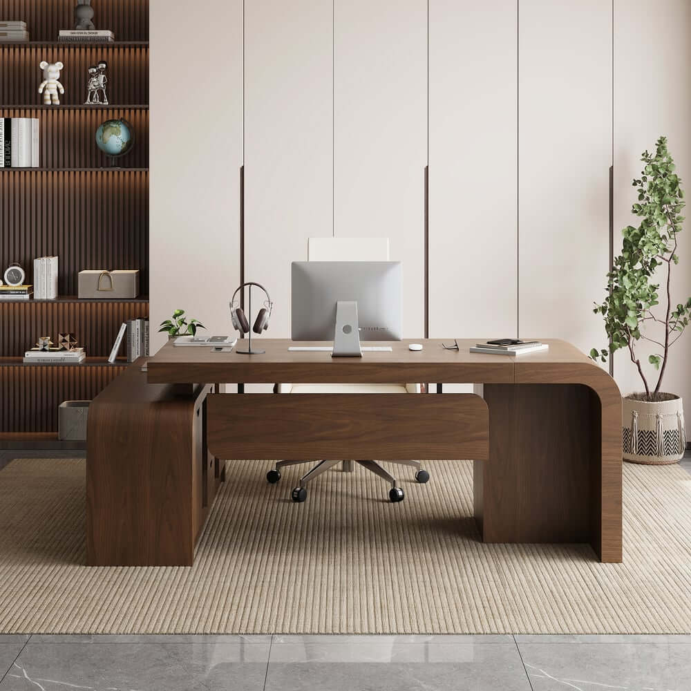 Modern L-Shaped Computer Desk with 5-Drawer Storage Cabinet