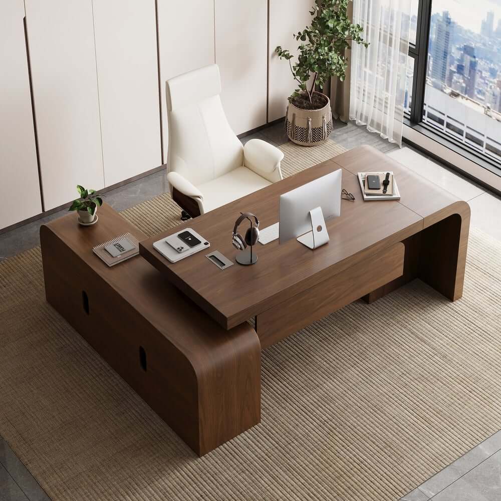 Modern L-Shaped Computer Desk with 5-Drawer Storage Cabinet