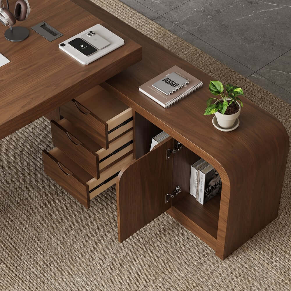 Modern L-Shaped Computer Desk with 5-Drawer Storage Cabinet