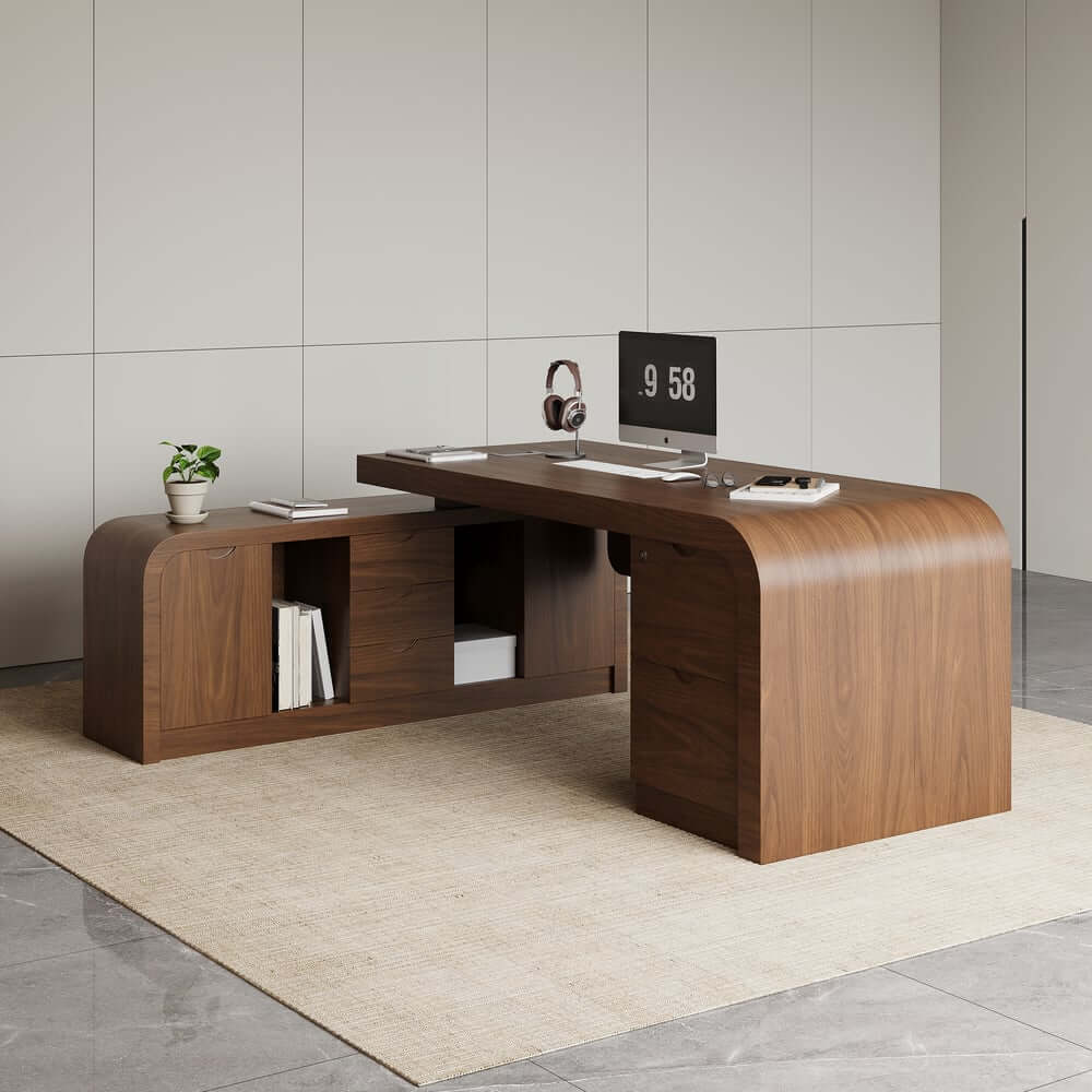 Modern L-Shaped Computer Desk with 5-Drawer Storage Cabinet