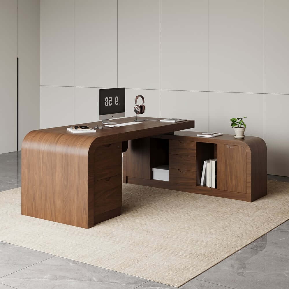 Modern L-Shaped Computer Desk with 5-Drawer Storage Cabinet