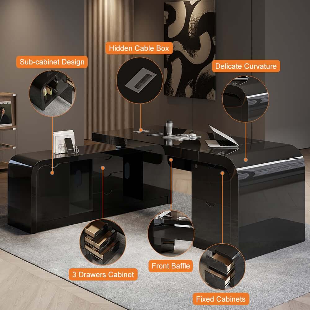 Modern L-Shaped Computer Desk with 5-Drawer Storage Cabinet