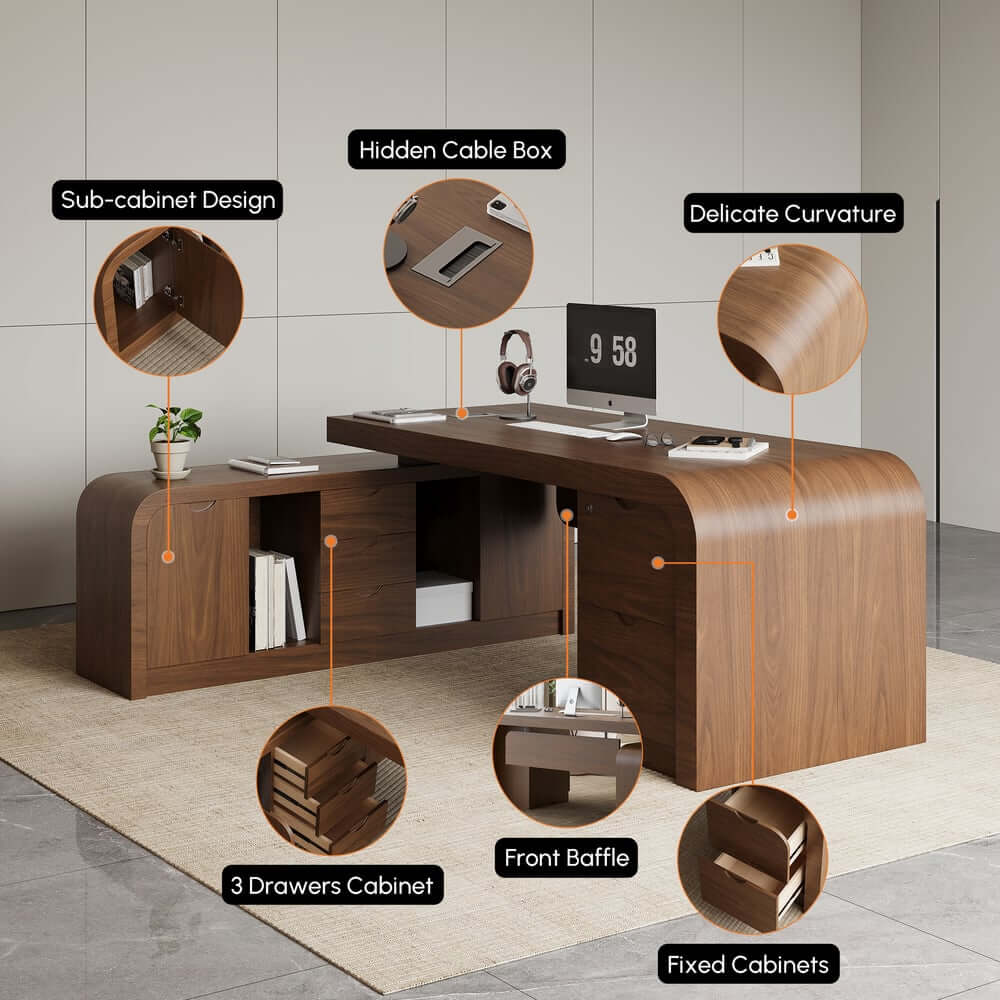 Modern L-Shaped Computer Desk with 5-Drawer Storage Cabinet