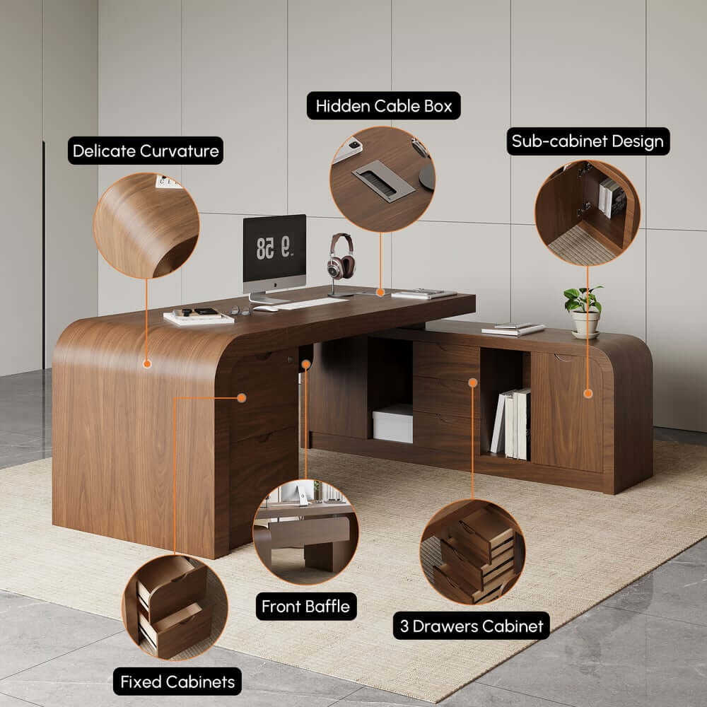 Modern L-Shaped Computer Desk with 5-Drawer Storage Cabinet