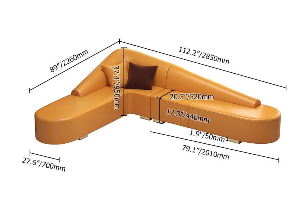 Modern L-Shaped Faux Leather Sectional Sofa, Orange Dimensions