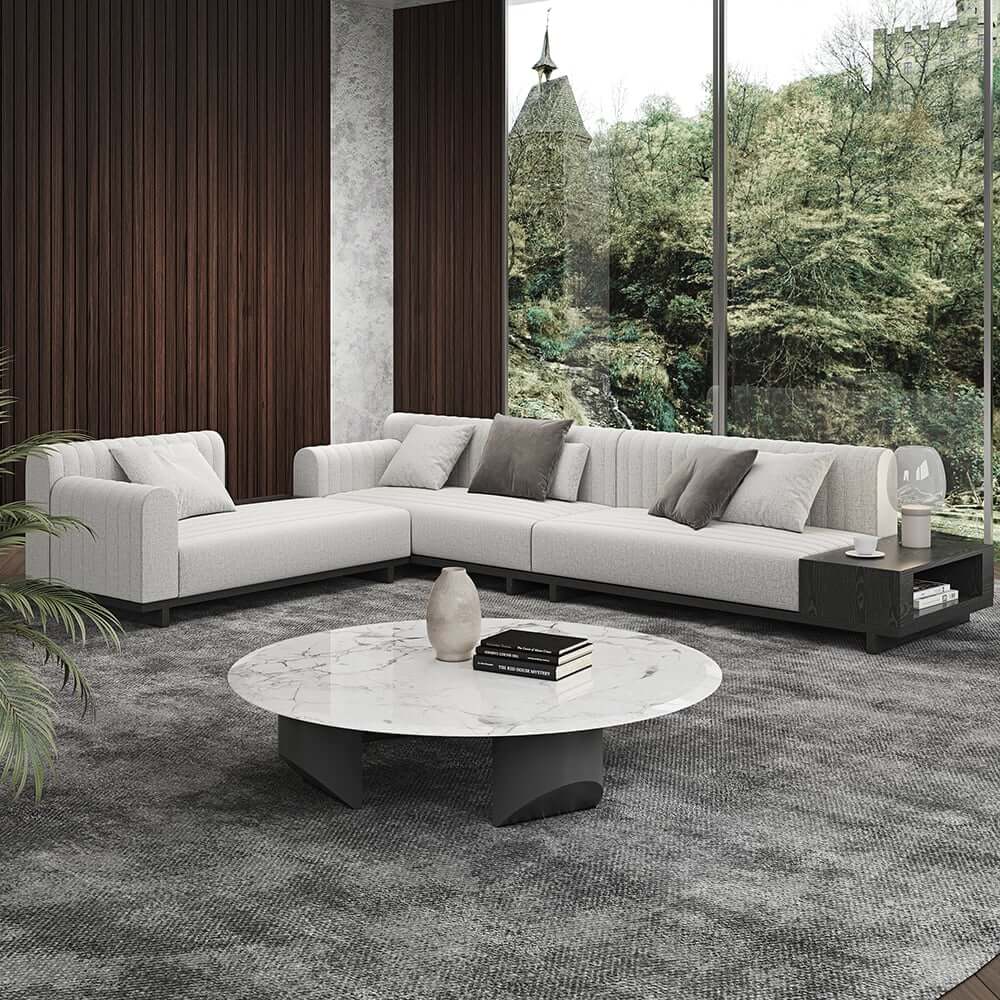 Modern L-Shaped Linen Sectional Sofa with Round Arms