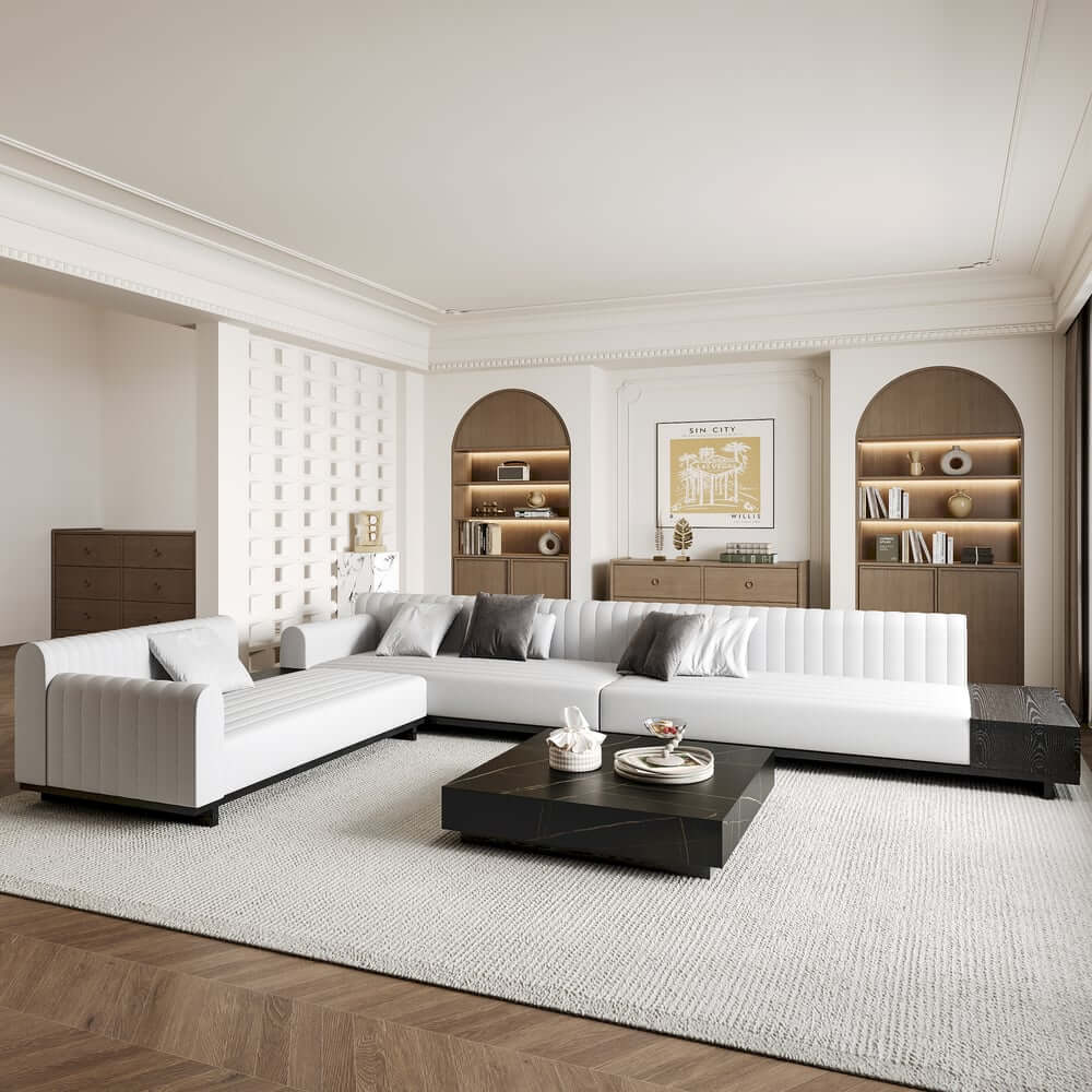 Modern L-Shaped Linen Sectional Sofa with Round Arms