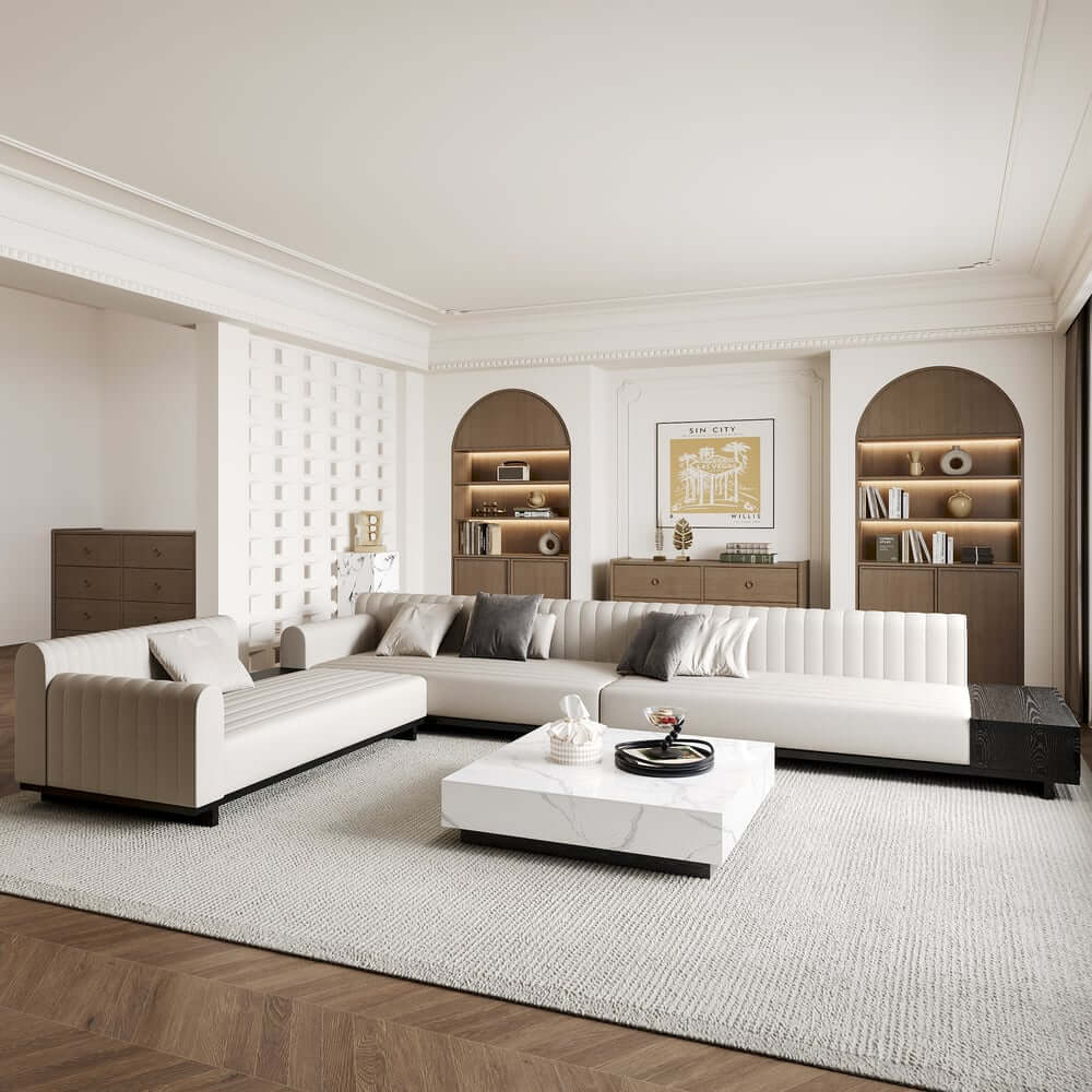 Modern L-Shaped Linen Sectional Sofa with Round Arms