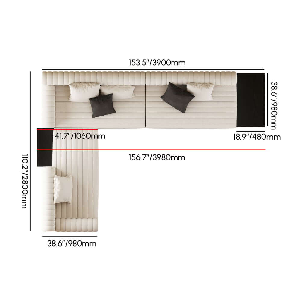 Modern L-Shaped Linen Sectional Sofa with Round Arms Dimensions