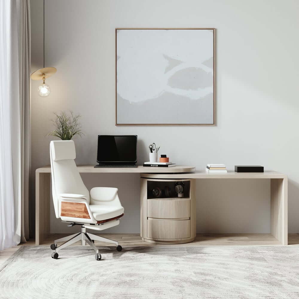 Modern L-Shaped Swivel Desk with Two Drawers and Washed White Finish
