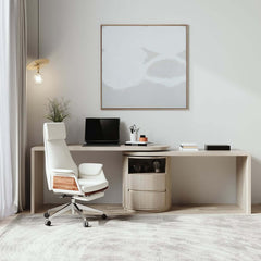 Modern L-Shaped Swivel Desk with Two Drawers and Washed White Finish