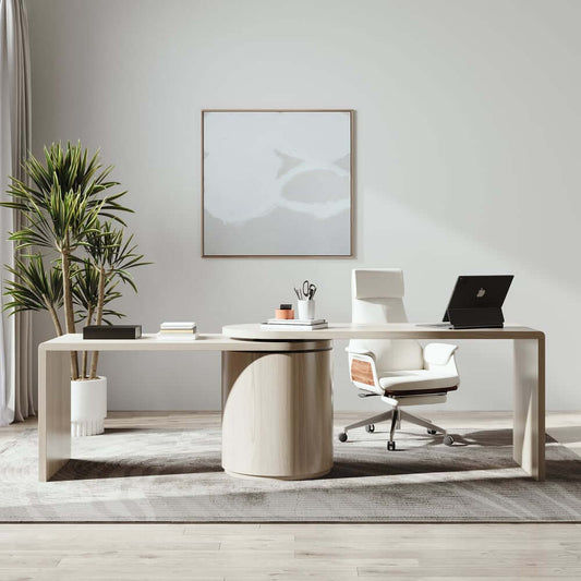 Modern L-Shaped Swivel Desk with Two Drawers and Washed White Finish