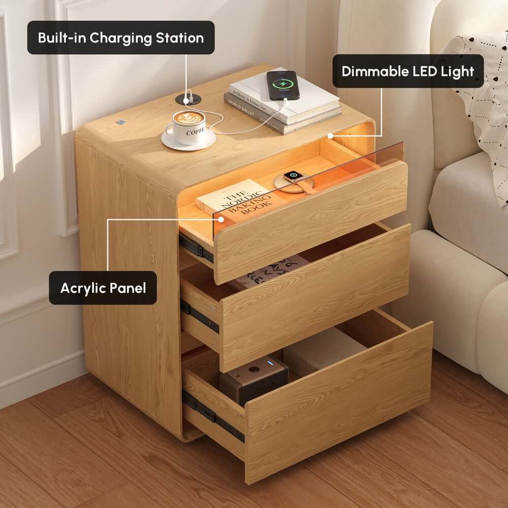 Modern LED Nightstand With Engineered Wood And 3 Drawers
