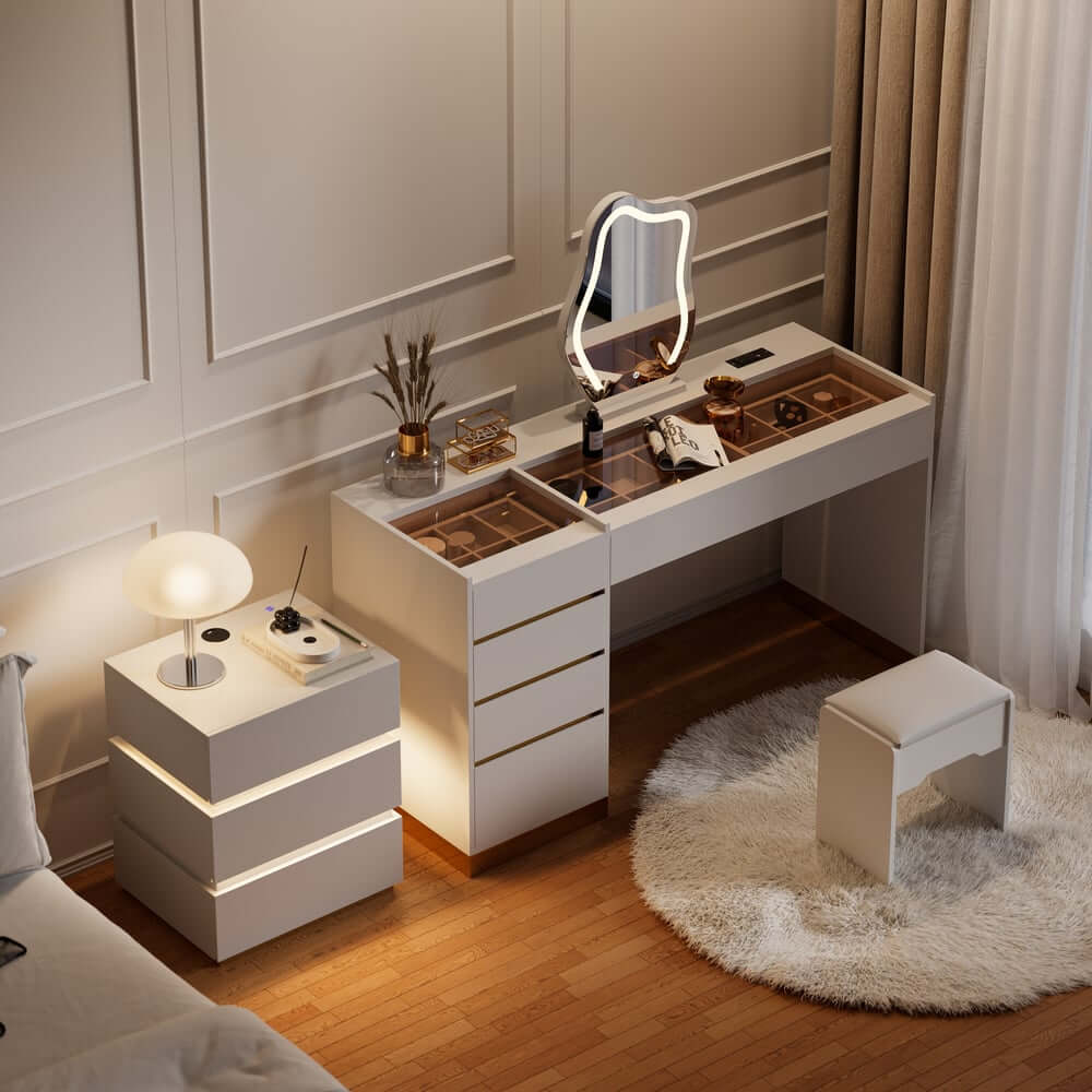 Modern LED Vanity Set with Mirror and Two Nightstands