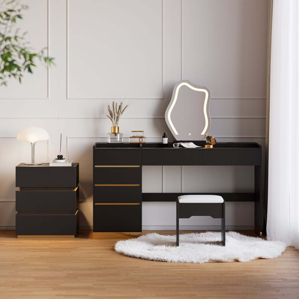 Modern LED Vanity Set with Mirror and Two Nightstands