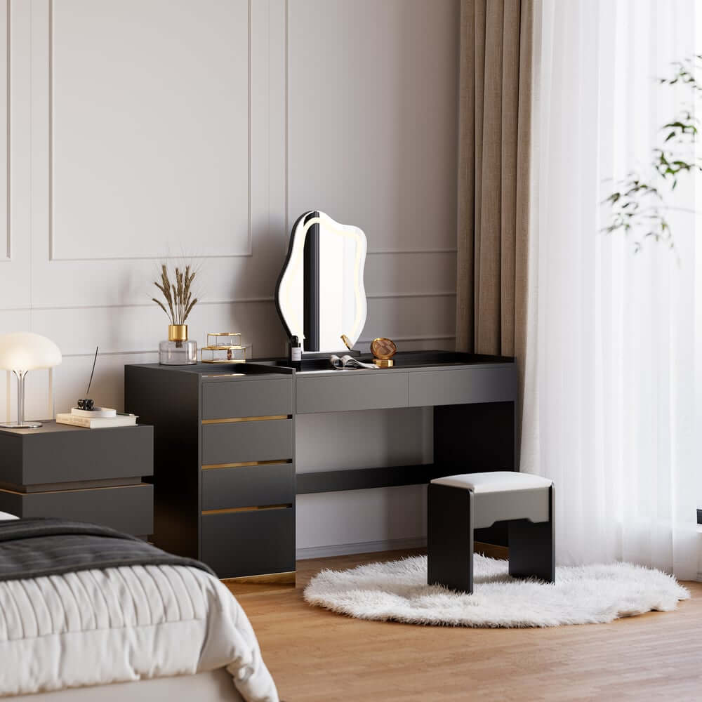 Modern LED Vanity Set with Mirror and Two Nightstands