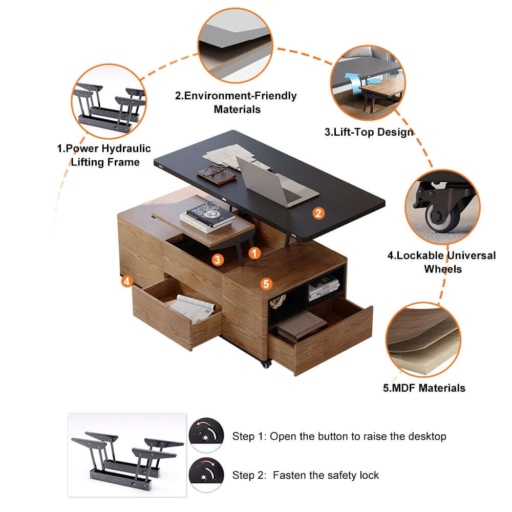 Modern Lift-Top Coffee Table With Storage & Wheels