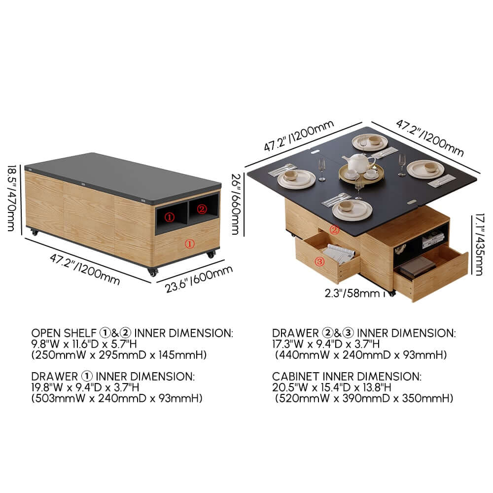 Modern Lift-Top Coffee Table With Storage & Wheels Dimensions