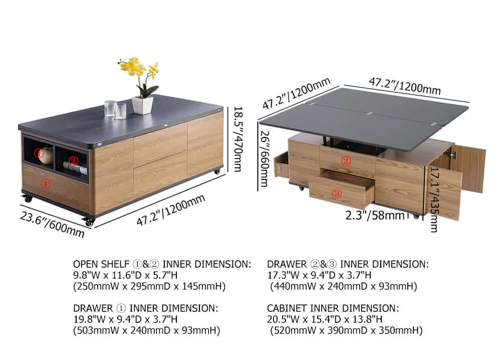 Modern Lift-Top Coffee Table With Storage & Wheels Dimensions
