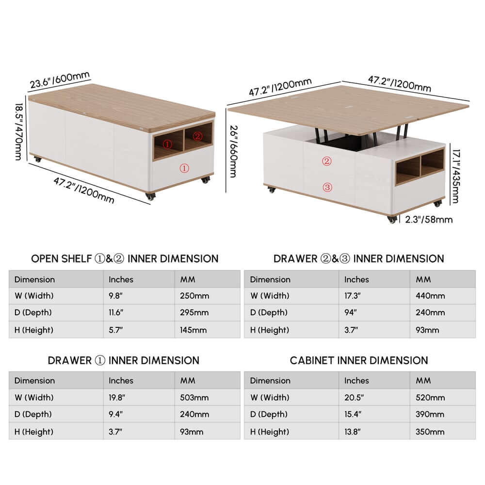 Modern Lift-Top Coffee Table With Storage & Wheels Dimensions