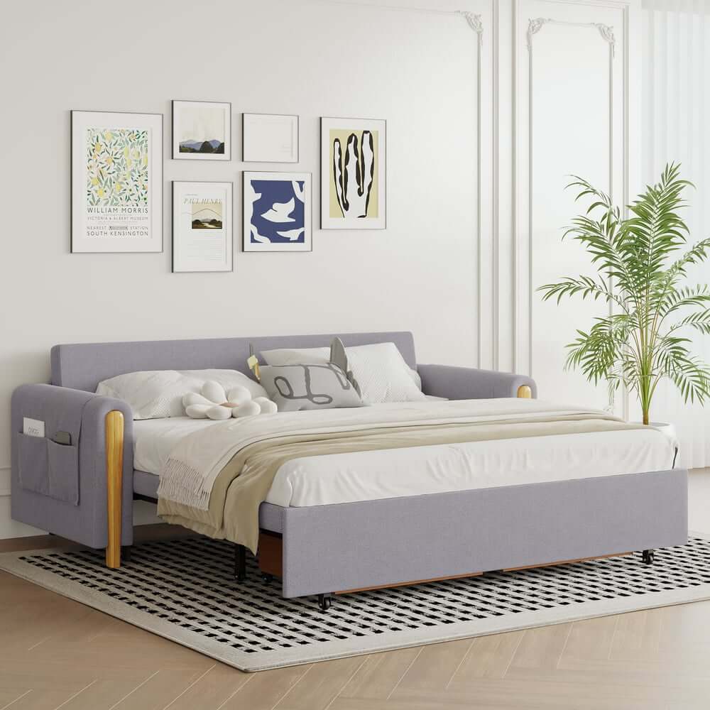 Modern Linen Sofa Bed With Storage And Round Arms