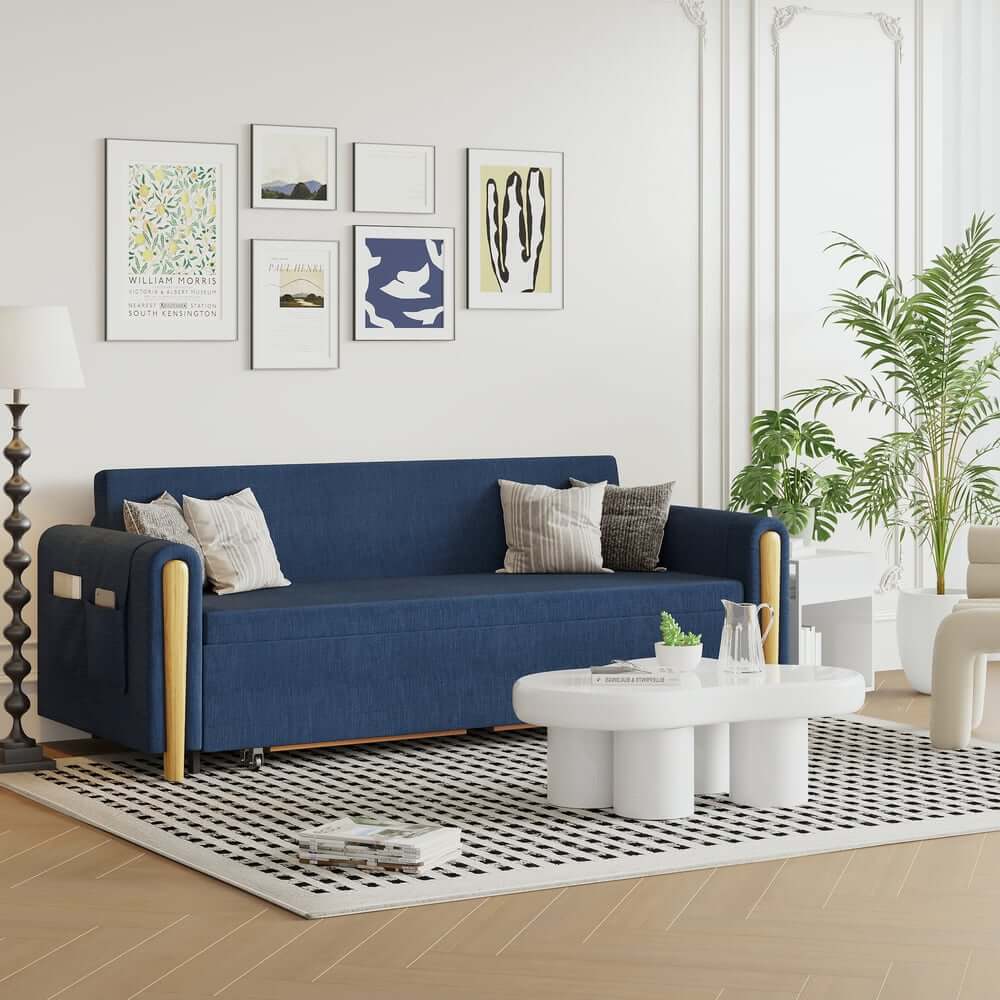 Modern Linen Sofa Bed With Storage And Round Arms