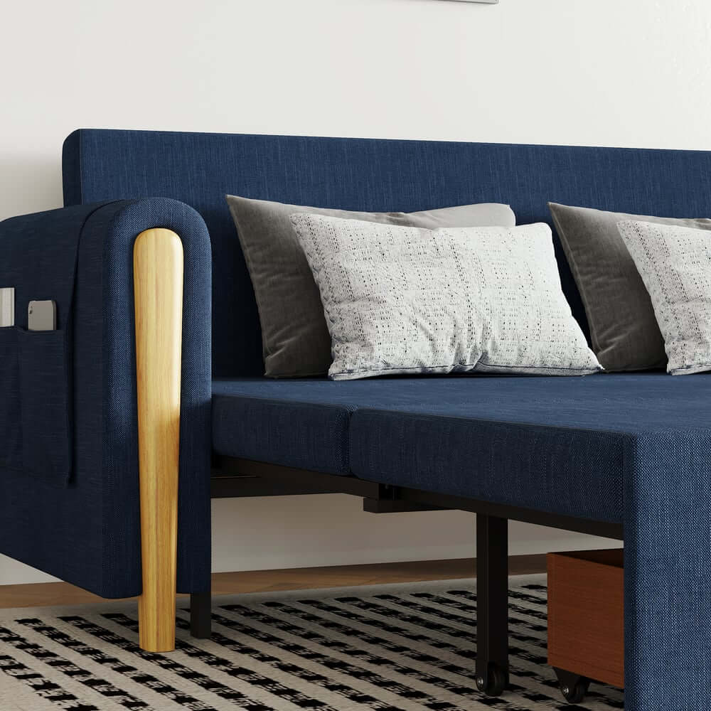 Modern Linen Sofa Bed With Storage And Round Arms