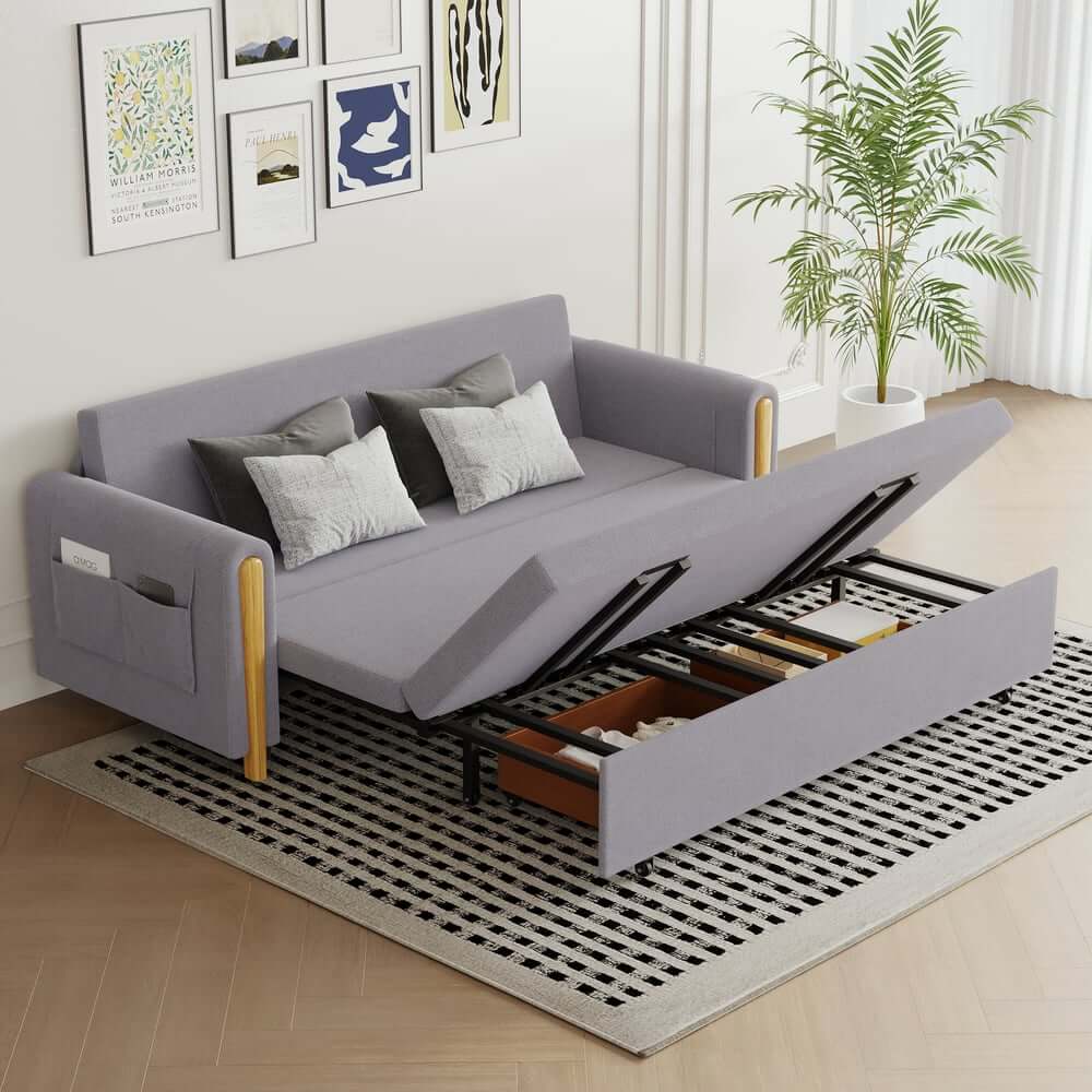 Modern Linen Sofa Bed With Storage And Round Arms