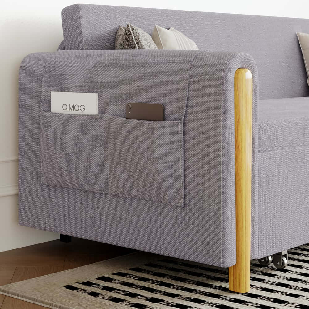 Modern Linen Sofa Bed With Storage And Round Arms
