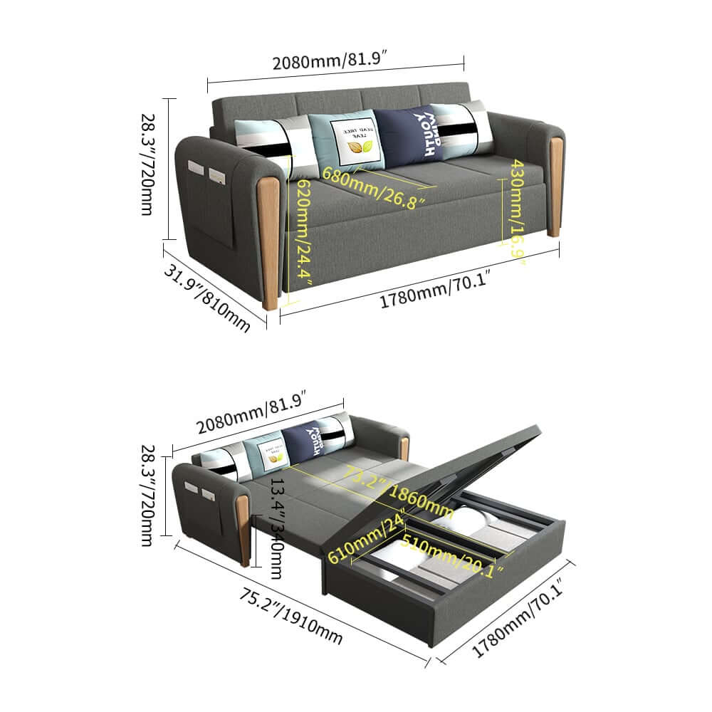 Modern Linen Sofa Bed With Storage And Round Arms Dimensions