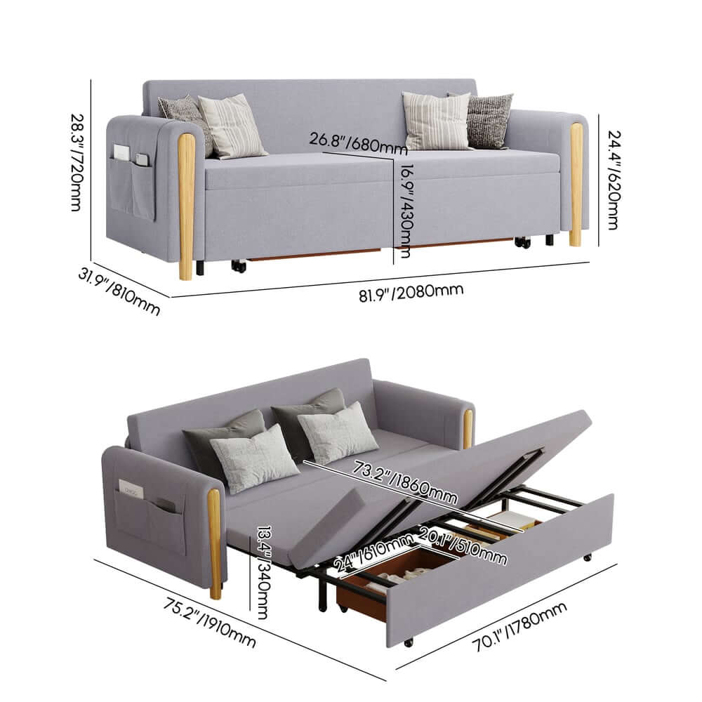 Modern Linen Sofa Bed With Storage And Round Arms Dimensions