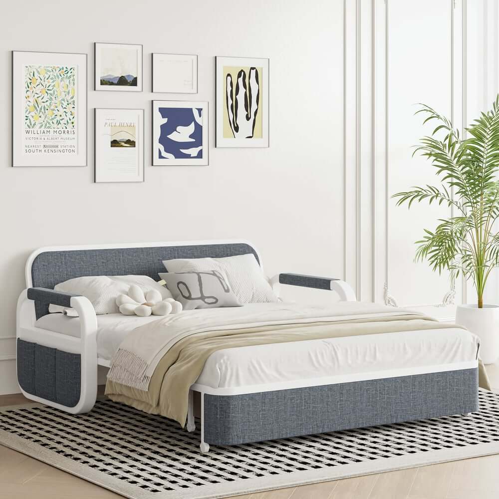 Modern Linen Sofa Bed With Storage And Square Arms