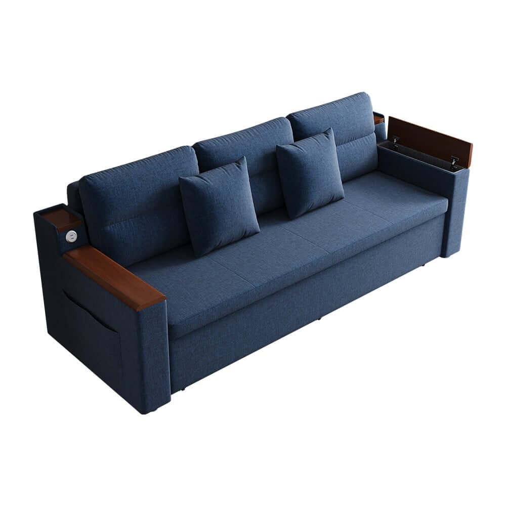 Modern Linen Sofa Bed With USB Ports And Storage Drawer