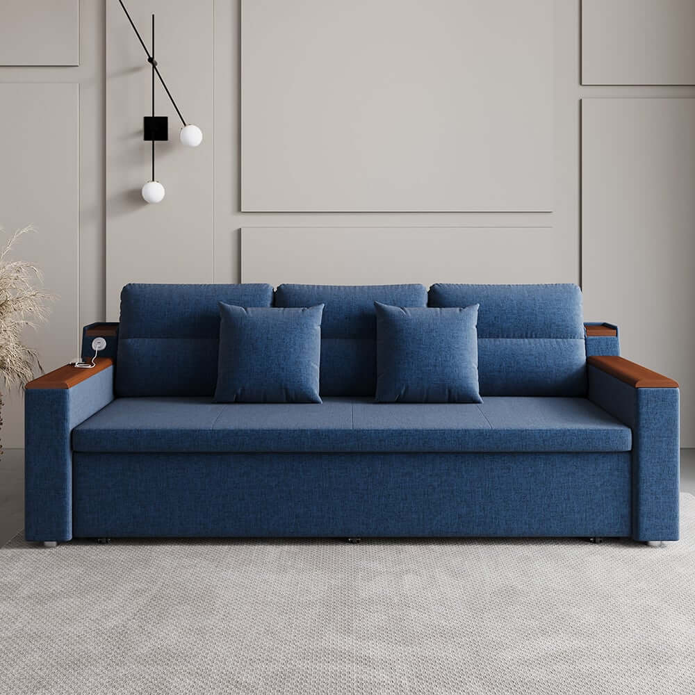 Modern Linen Sofa Bed With USB Ports And Storage Drawer