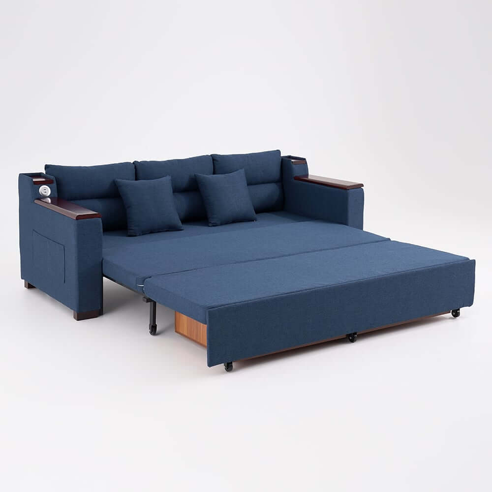 Modern Linen Sofa Bed With USB Ports And Storage Drawer