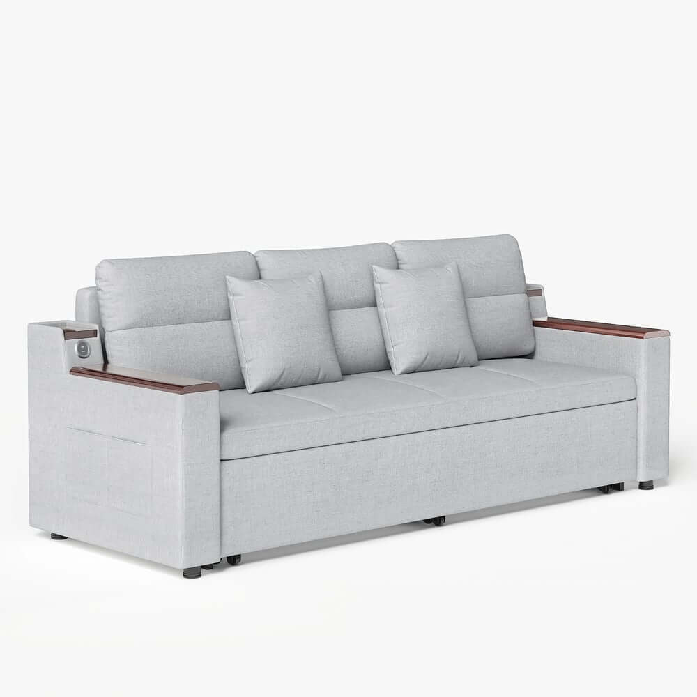 Modern Linen Sofa Bed With USB Ports And Storage Drawer