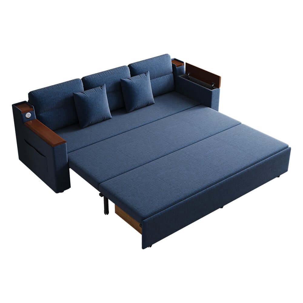 Modern Linen Sofa Bed With USB Ports And Storage Drawer