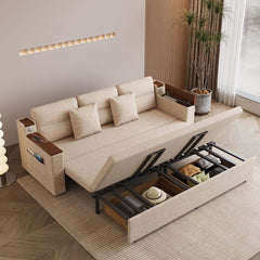 Modern Linen Sofa Bed With USB Ports And Storage Drawer