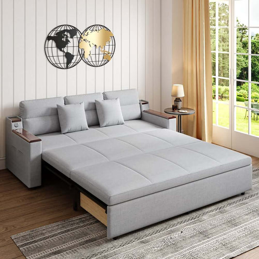 Modern Linen Sofa Bed With USB Ports And Storage Drawer