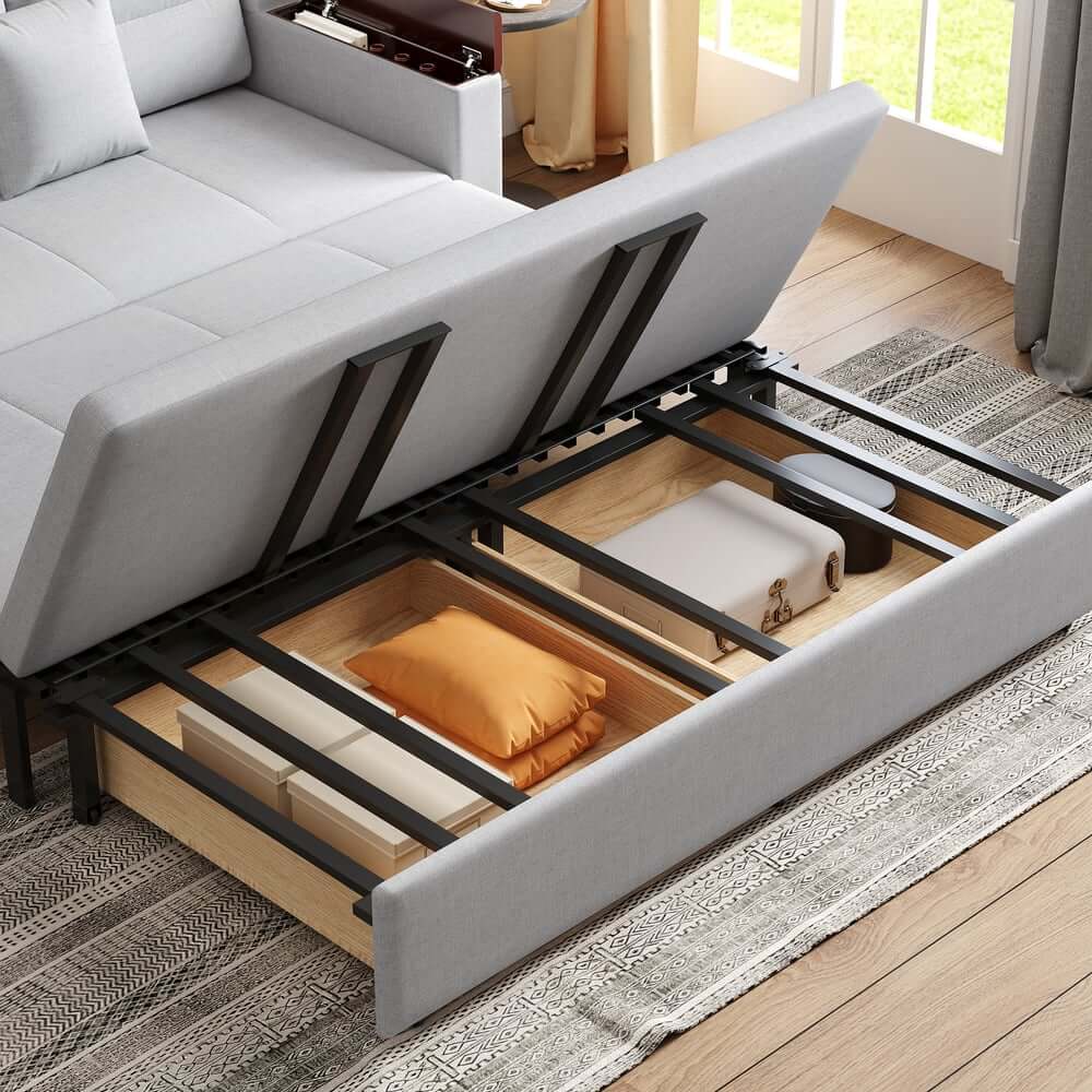 Modern Linen Sofa Bed With USB Ports And Storage Drawer