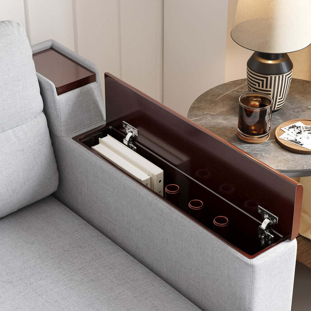 Modern Linen Sofa Bed With USB Ports And Storage Drawer