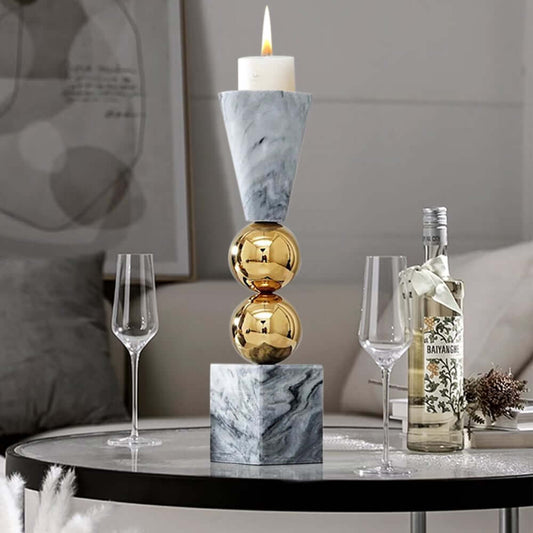 Modern Marble and Gold Candlestick Holder for Tabletop Display