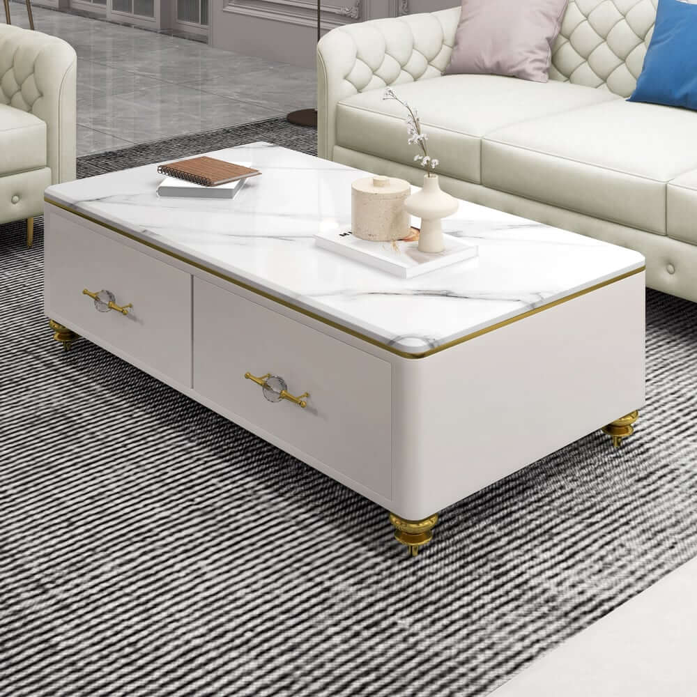 Modern Marble Coffee Table With Gold Base And Drawers