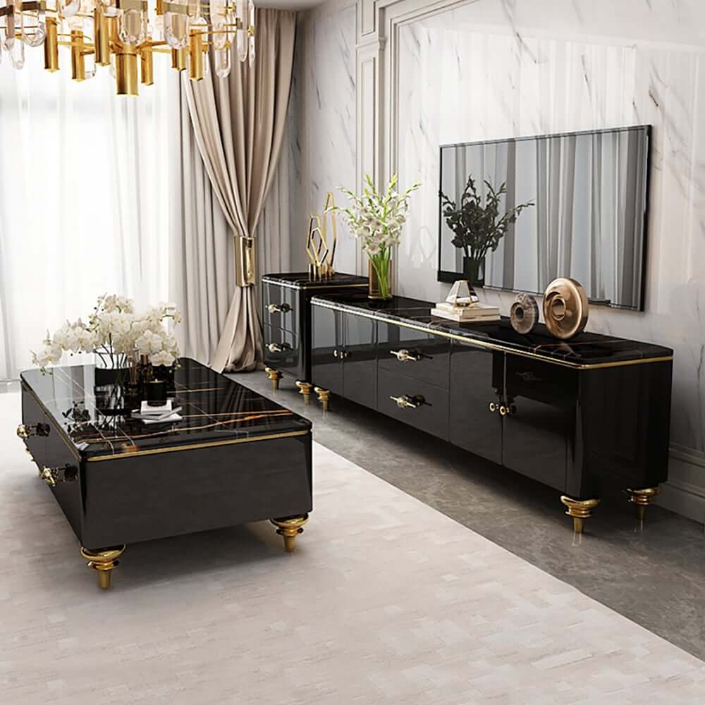 Modern Marble Coffee Table With Gold Base And Drawers