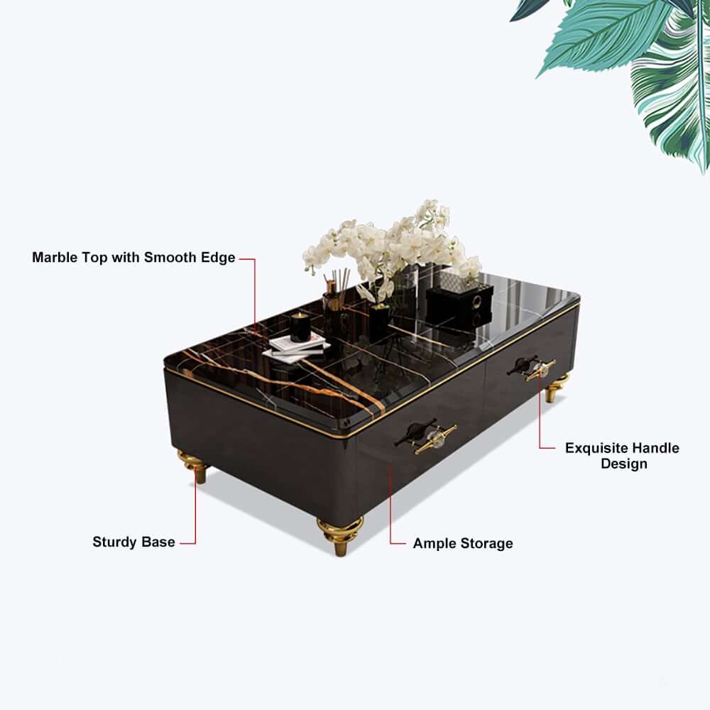 Modern Marble Coffee Table With Gold Base And Drawers