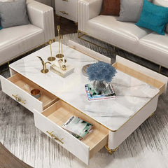 Modern Marble Coffee Table With Gold Base And Drawers