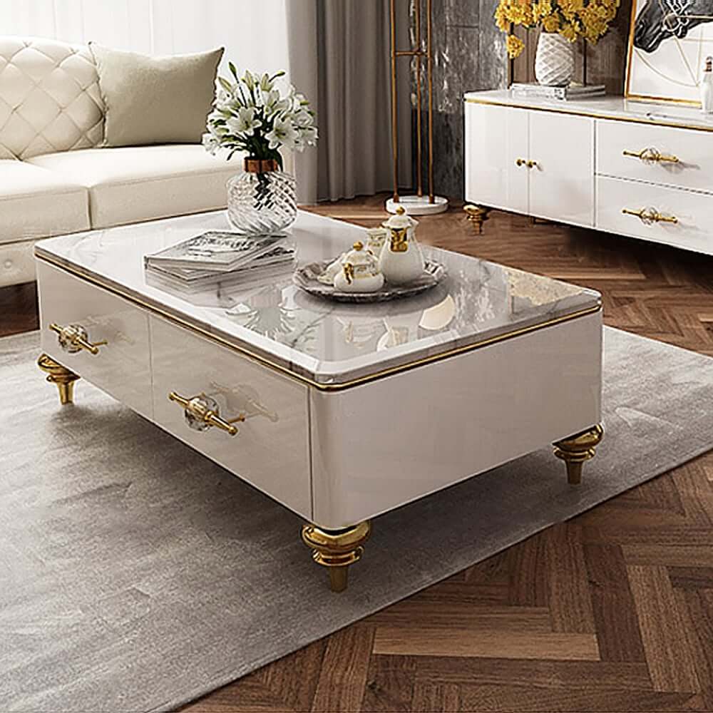 Modern Marble Coffee Table With Gold Base And Drawers