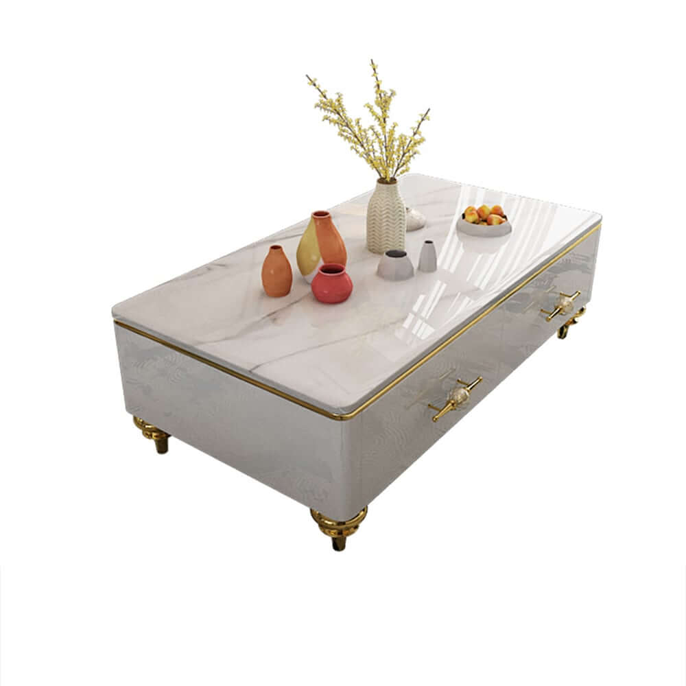 Modern Marble Coffee Table With Gold Base And Drawers