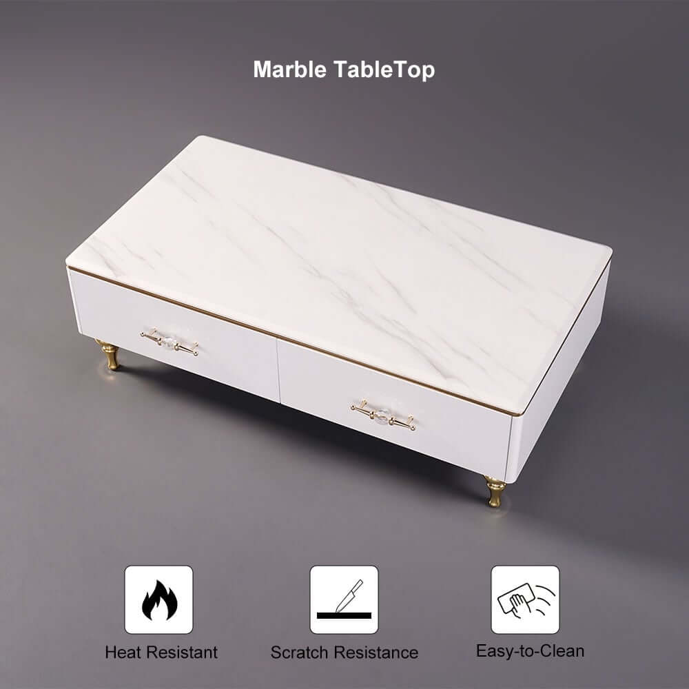Modern Marble Coffee Table With Gold Base And Drawers